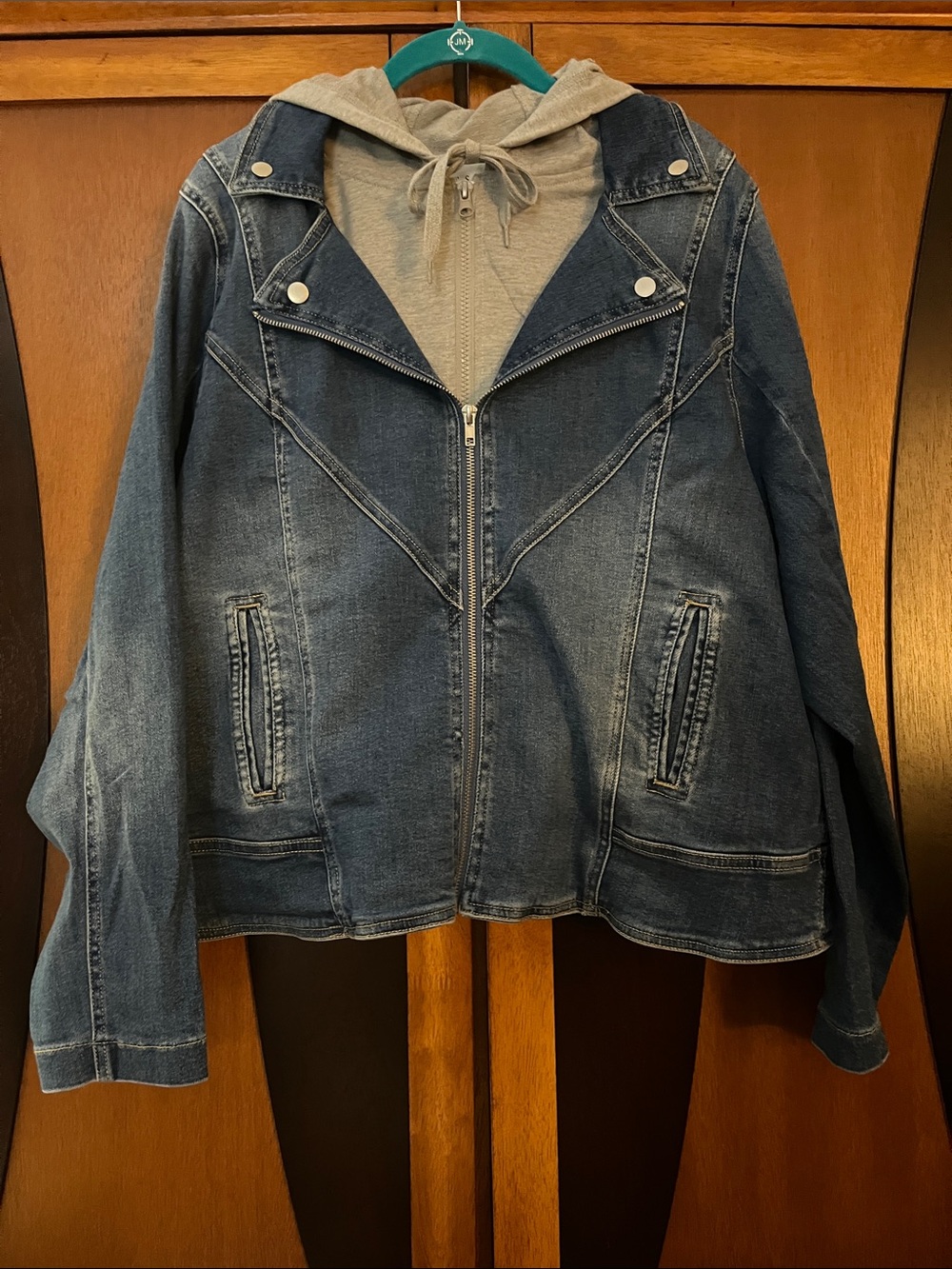 Risen Super Versatile Denim Zip Jacket w/HeatherGrey Knit Inner Zip Panel w/Hood